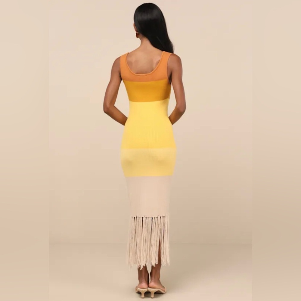 Lulus Delfi Yellow Color Block Fringe Sweater Midi Dress - Size XS NWT - Picture 3 of 8